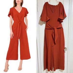 Entro rust orange wide leg crop flutter sleeve tie waist jumper jumpsuit large